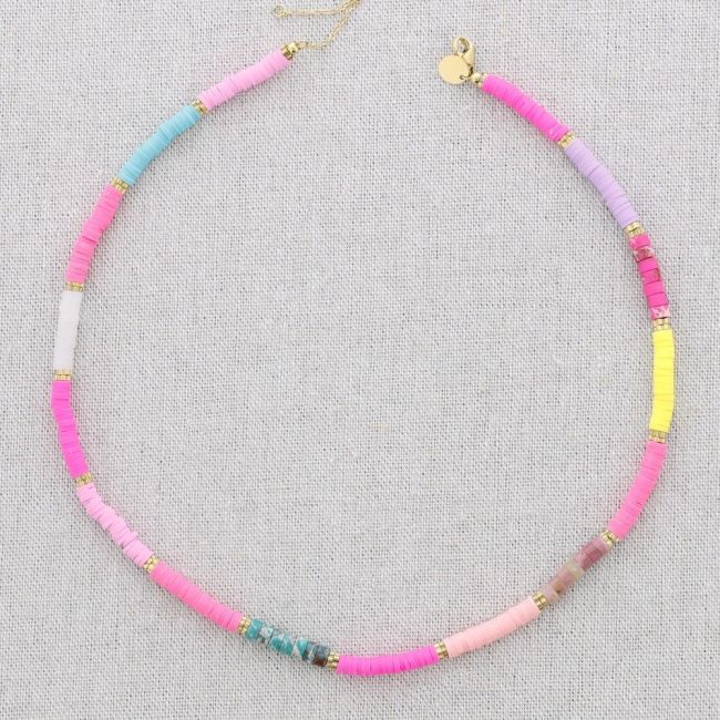 COLORED FIMO BEADS STEEL SHORT NECKLACE