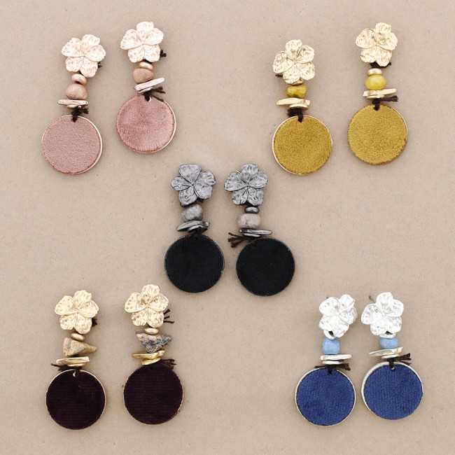 SUEDE LEATHER METAL FLOWER EARRINGS