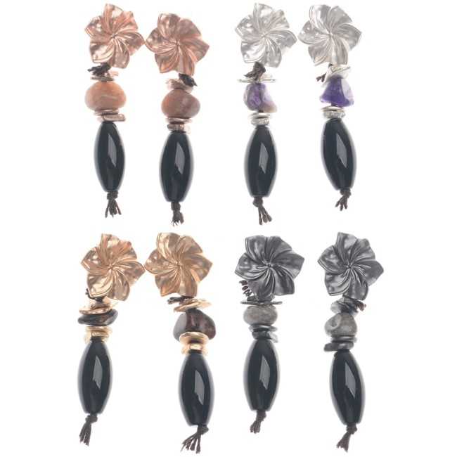 METAL FLOWER EARRINGS STONE PENDANT