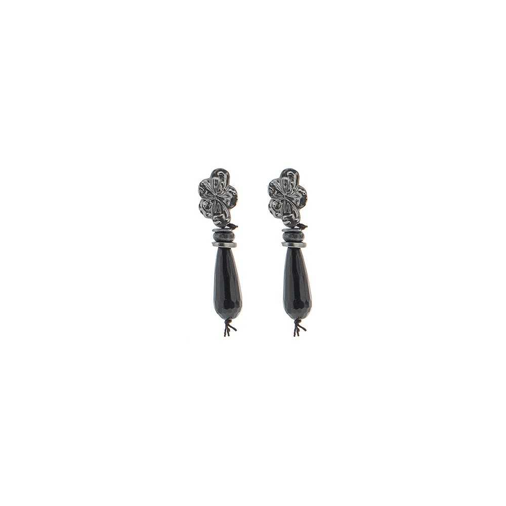 METAL FLOWER EARRINGS STONE PENDANT