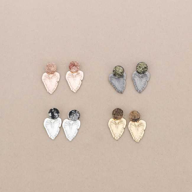 SUEDE LEATHER EARRINGS METAL LEAF PENDANT