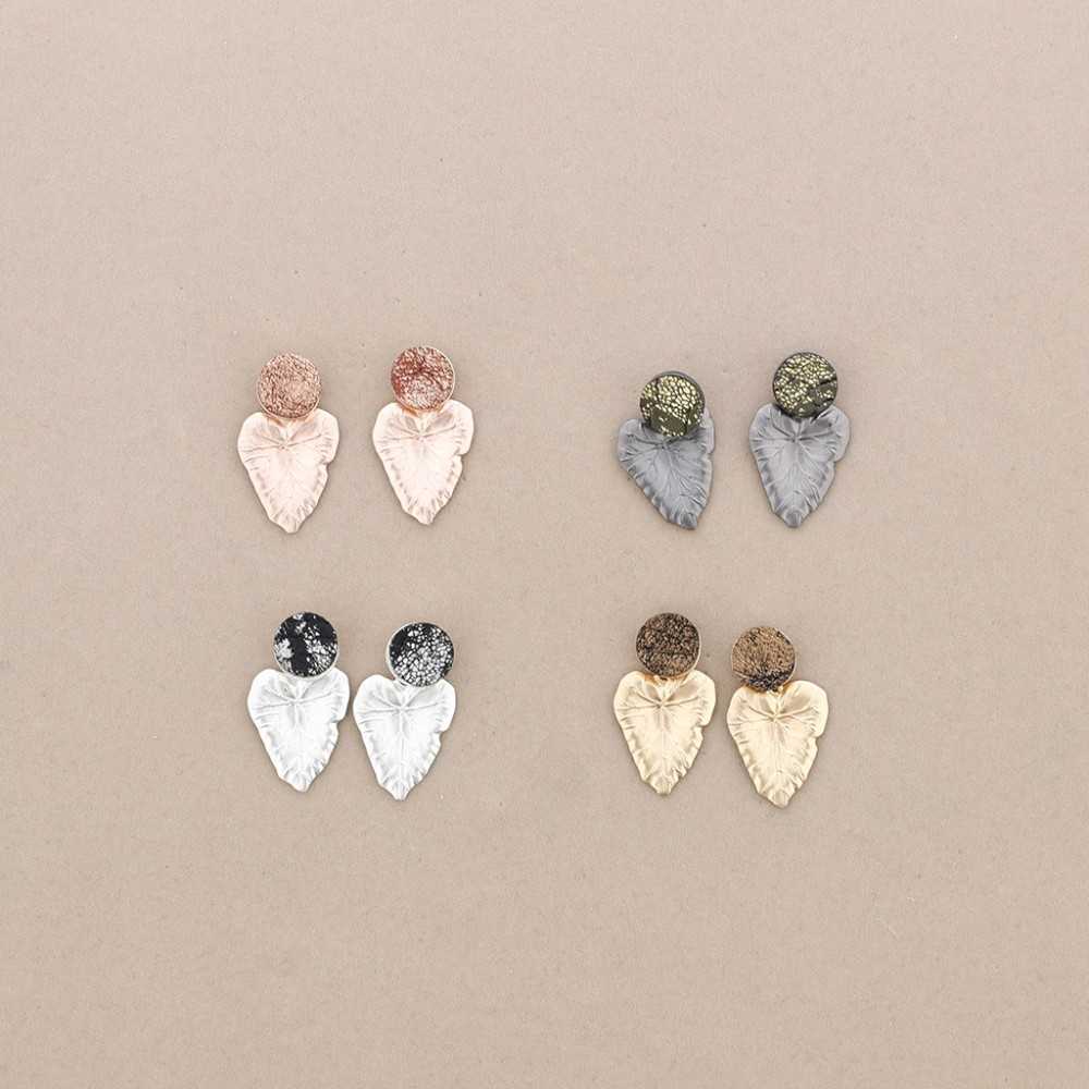 SUEDE LEATHER EARRINGS METAL LEAF PENDANT