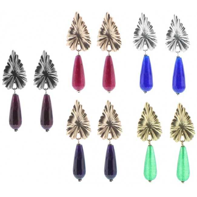 METAL LEAF STONE PENDANT EARRINGS