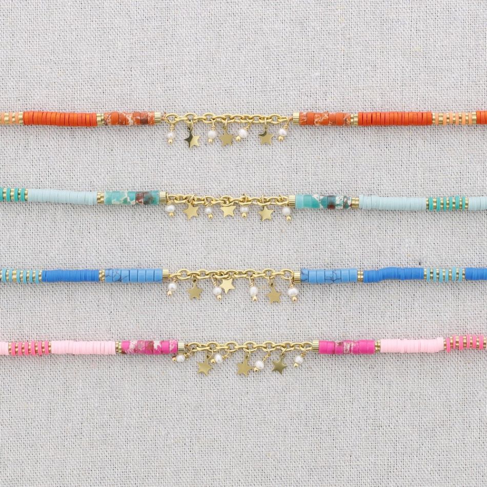 FIMO STEEL SHORT NECKLACE WITH LITTLE STARS PENDANT STONES