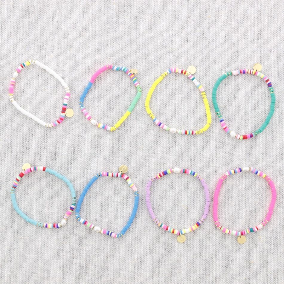 PULSERA ESLÁSTICA ACERO CUENTAS FIMO PERLA CULTIVADA