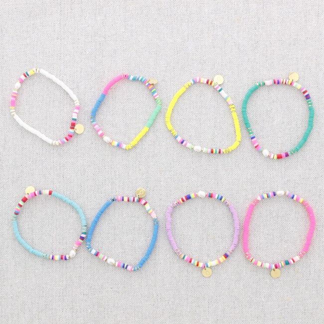 PULSERA ESLÁSTICA ACERO CUENTAS FIMO PERLA CULTIVADA