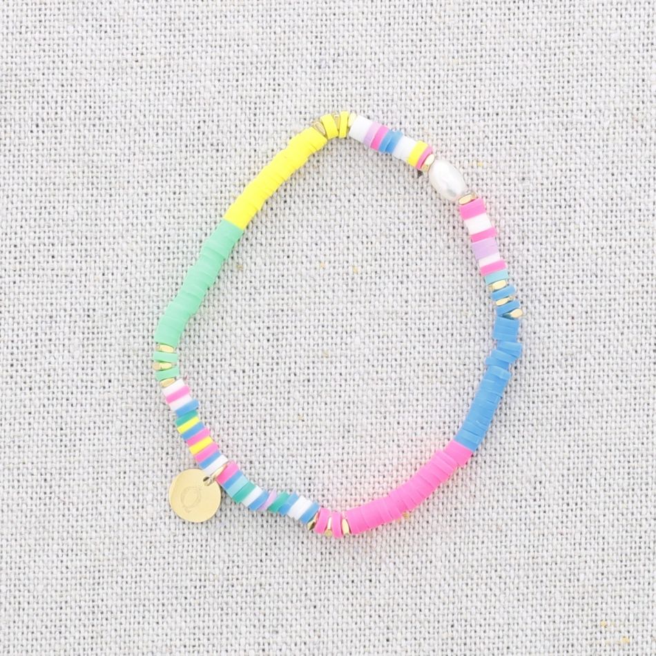 PULSERA ESLÁSTICA ACERO CUENTAS FIMO PERLA CULTIVADA
