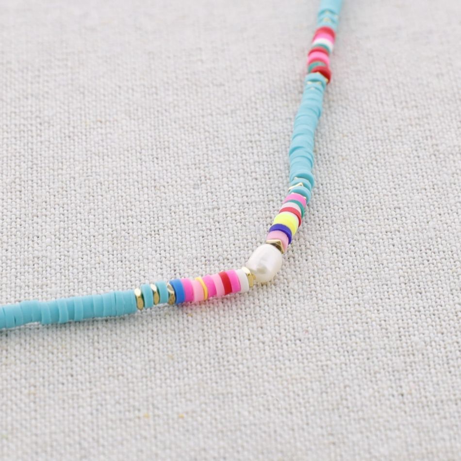 COLORED FIMO BEADS STEEL SHORT NECKLACE
