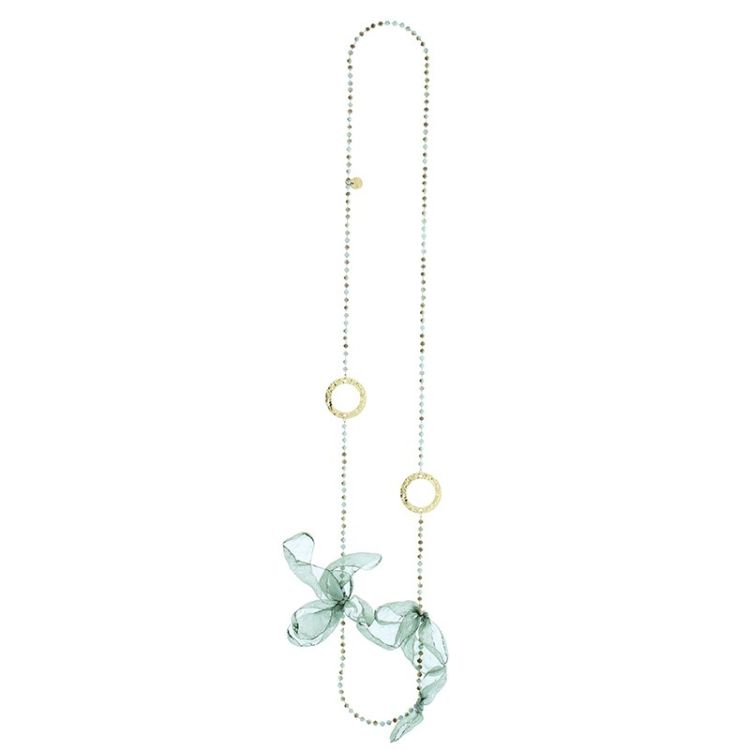 COLLAR LARGO ANILLAS METAL CRISTALES FACETADOS FLORES TELA