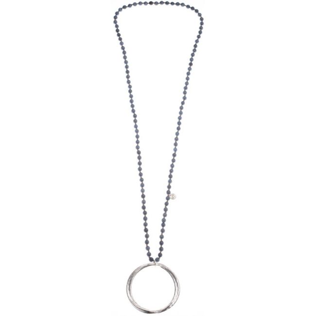 LONG STONE NECKLACE METAL RING PENDANT