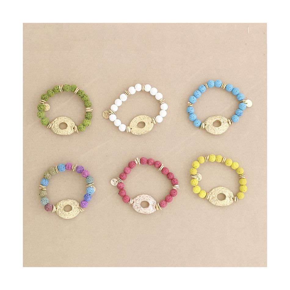 PULSERA ELÁSTICA CUENTAS LAVAS DÓNUT METAL