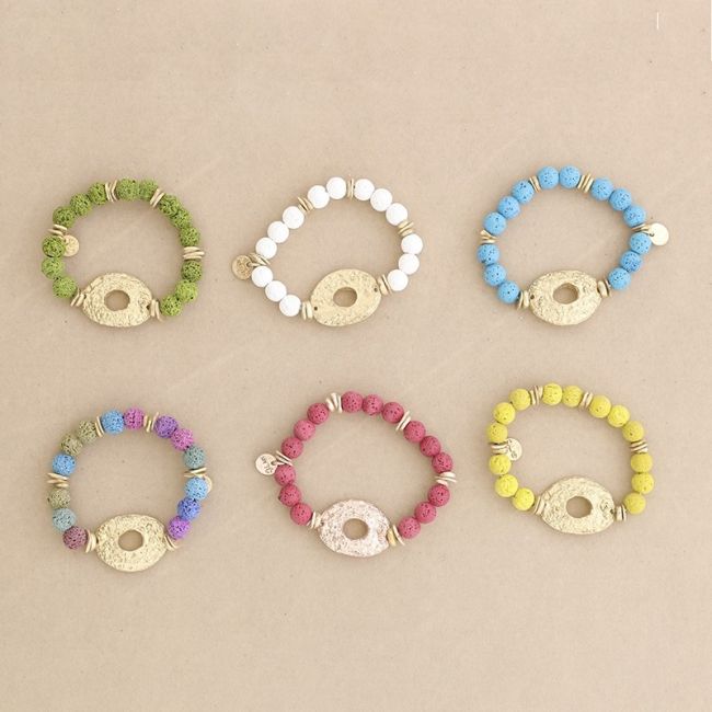 METAL DONUT LAVA BEADS ELASTIC BRACELET