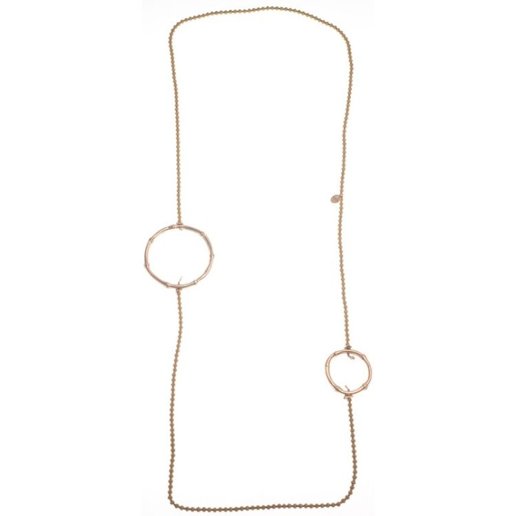 LONG NECKLACE WITH FACETED CRYSTALS DOUBLE METAL RING