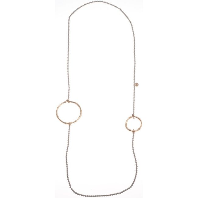 LONG NECKLACE WITH FACETED CRYSTALS DOUBLE METAL RING