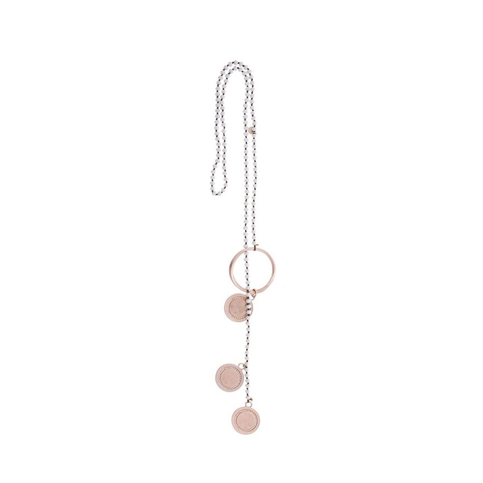LONG NECKLACE WITH FACETED CRYSTALS TRIPLE METAL MEDAL