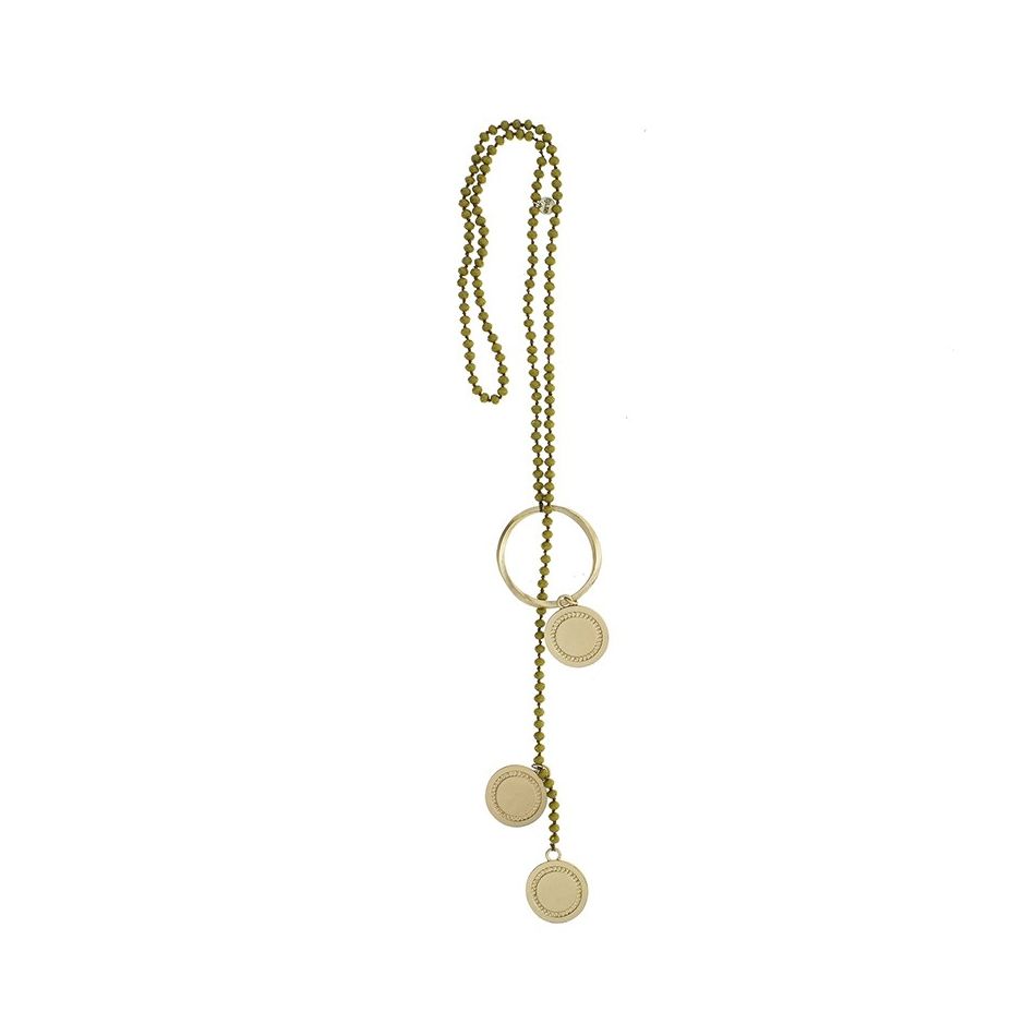 COLLAR LARGO CRISTALES FACETADOS TRIPLE MEDALLA METAL