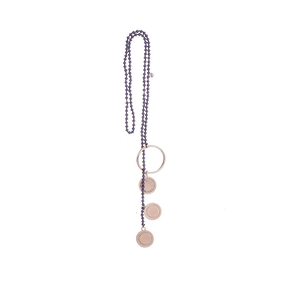 LONG NECKLACE WITH FACETED CRYSTALS TRIPLE METAL MEDAL