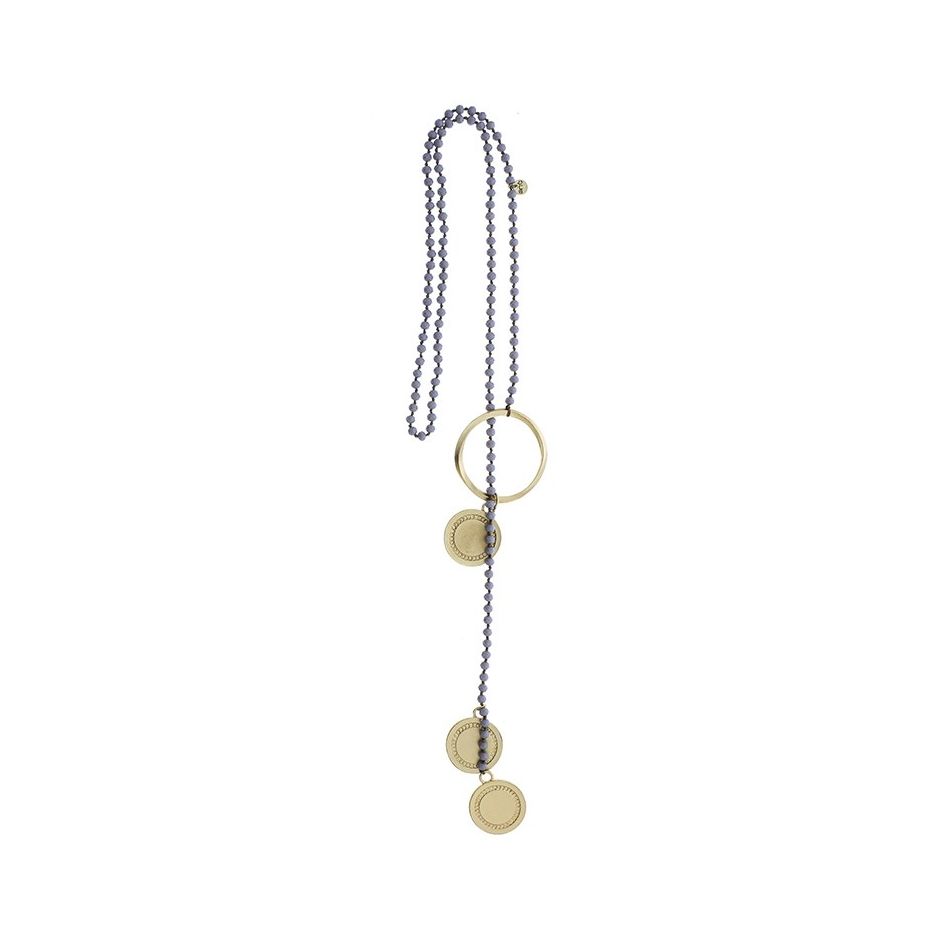 COLLAR LARGO CRISTALES FACETADOS TRIPLE MEDALLA METAL