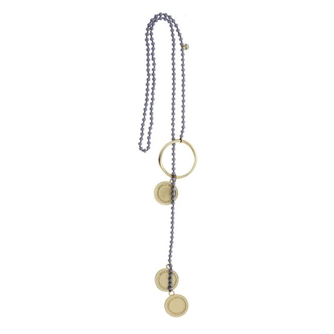 LONG NECKLACE WITH FACETED CRYSTALS TRIPLE METAL MEDAL
