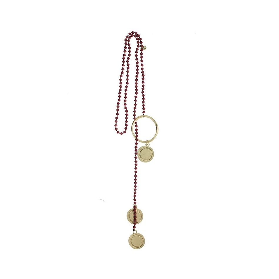 LONG NECKLACE WITH FACETED CRYSTALS TRIPLE METAL MEDAL