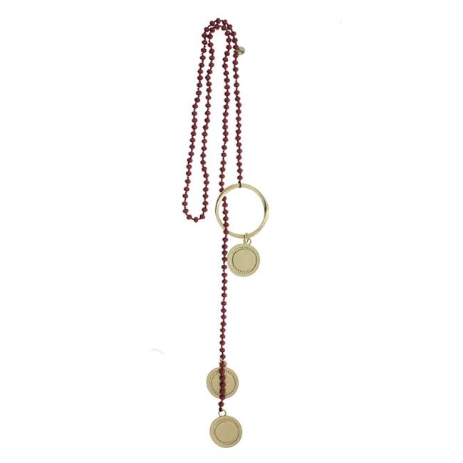 COLLAR LARGO CRISTALES FACETADOS TRIPLE MEDALLA METAL
