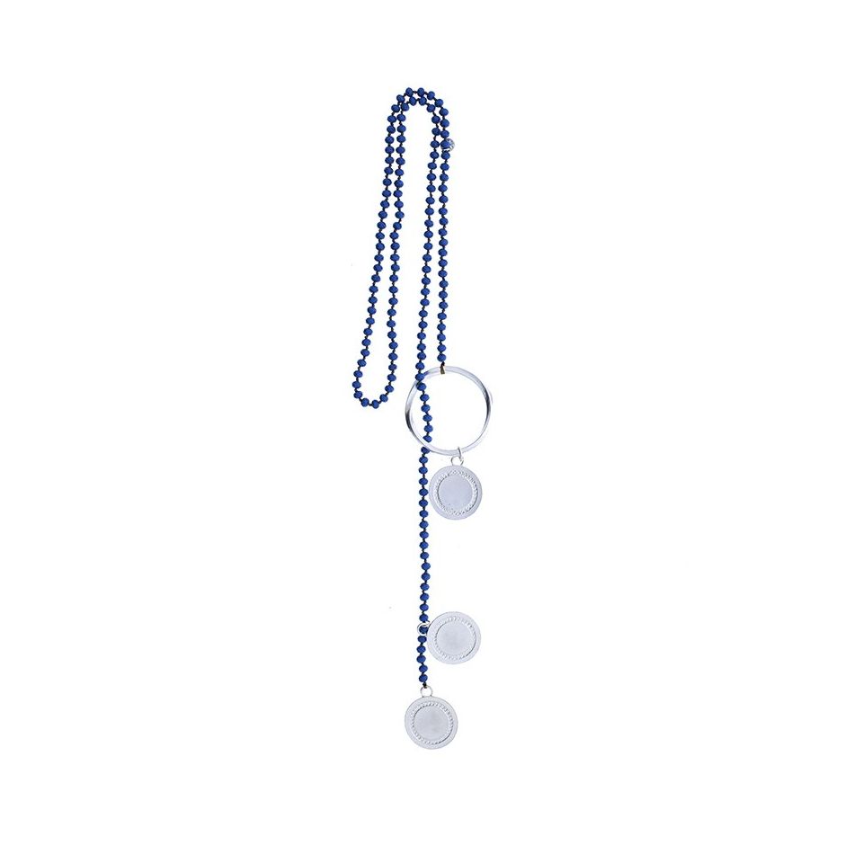 LONG NECKLACE WITH FACETED CRYSTALS TRIPLE METAL MEDAL