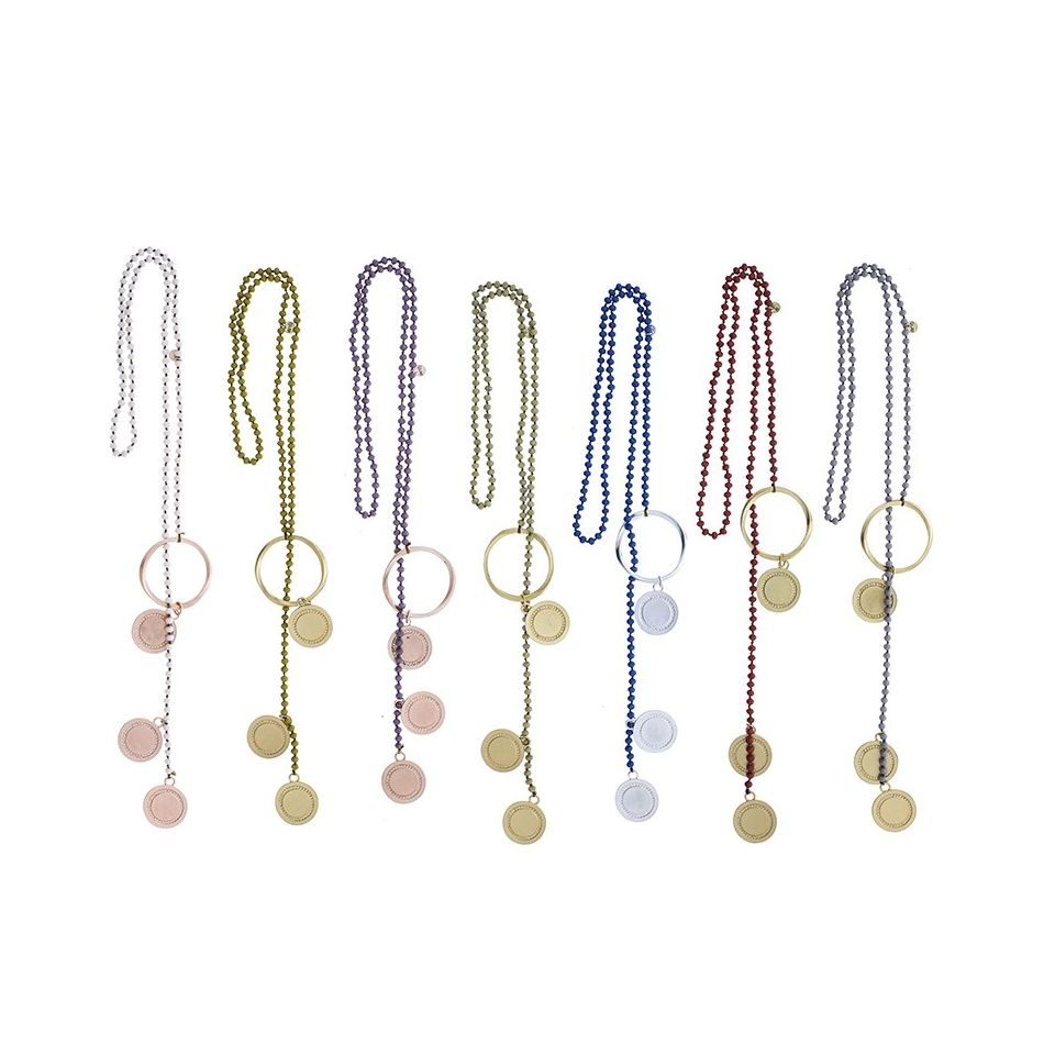 LONG NECKLACE WITH FACETED CRYSTALS TRIPLE METAL MEDAL