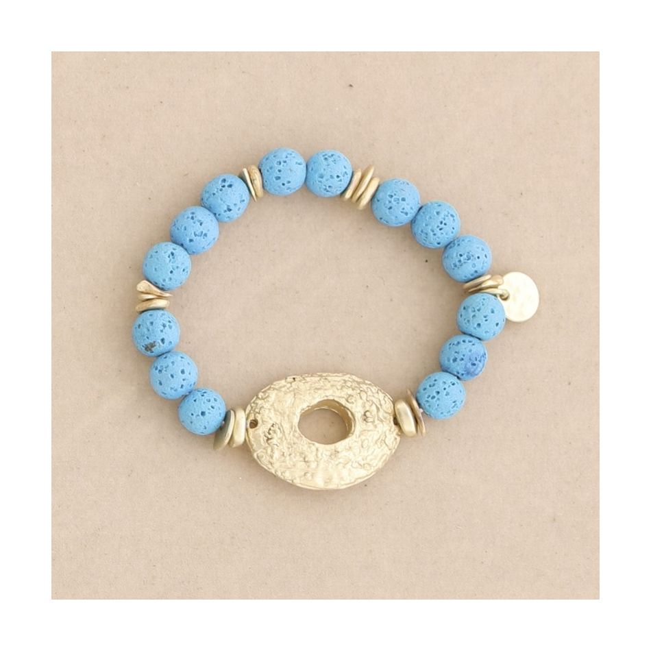 PULSERA ELÁSTICA CUENTAS LAVAS DÓNUT METAL