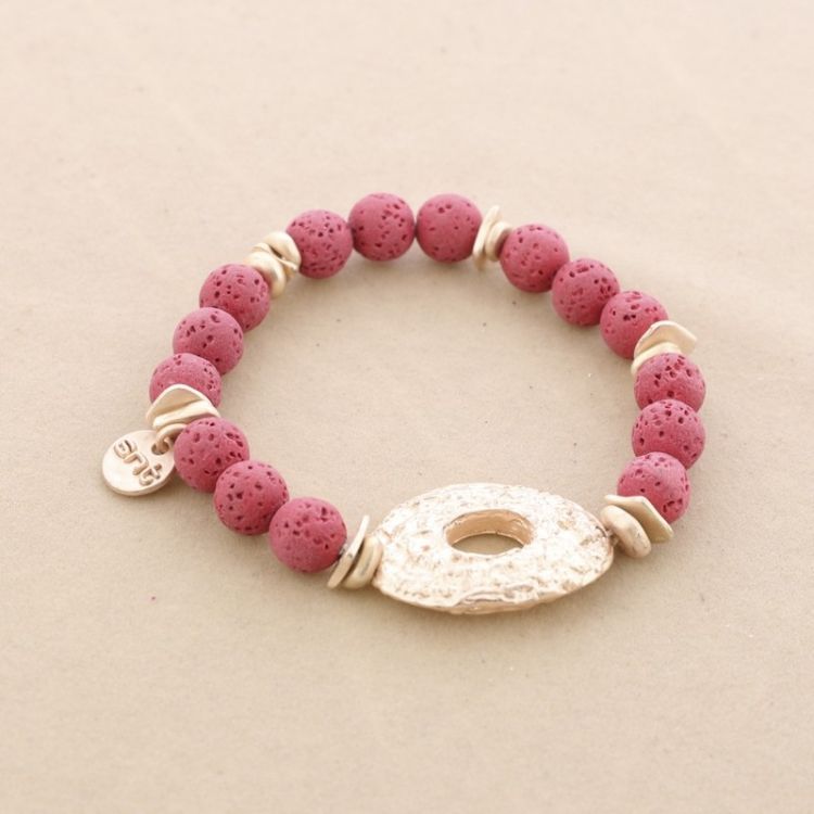 PULSERA ELÁSTICA CUENTAS LAVAS DÓNUT METAL