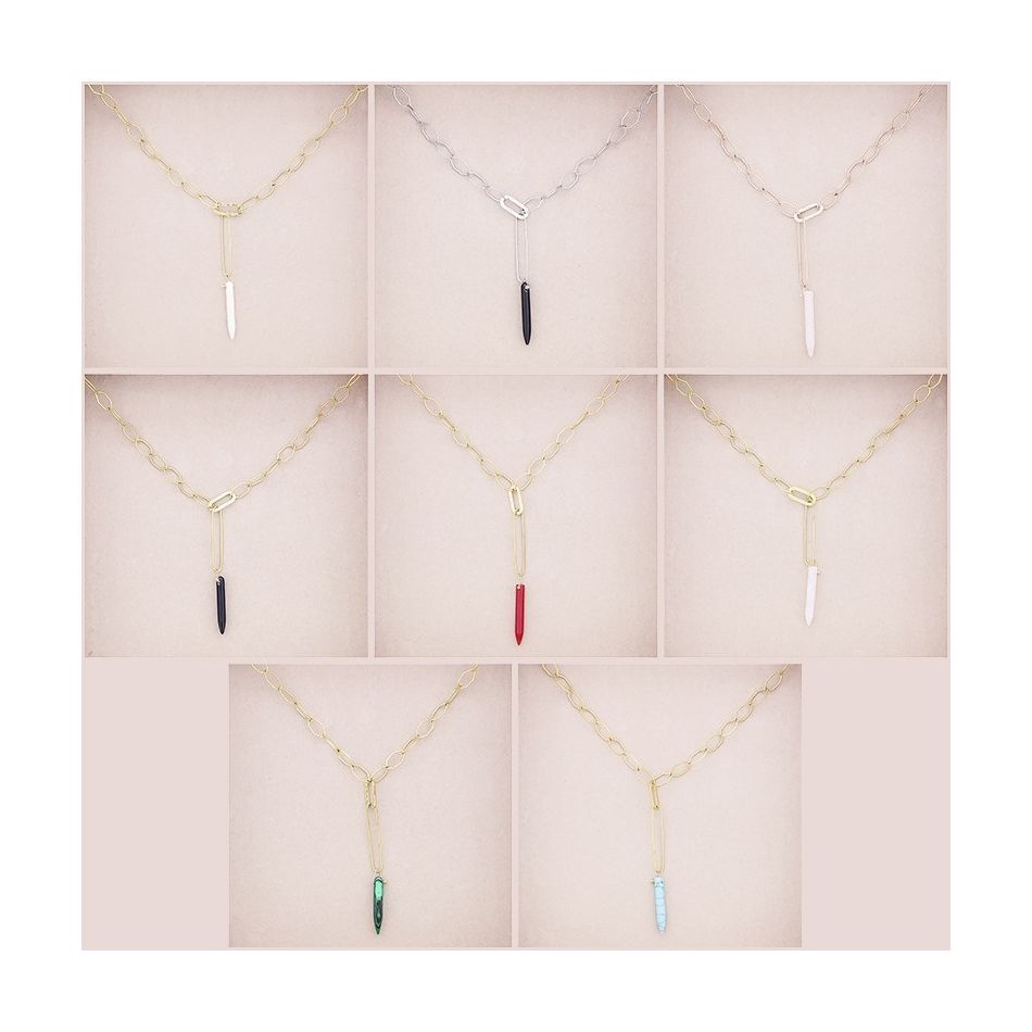 STEEL LINK NECKLACE STONE PENDANT