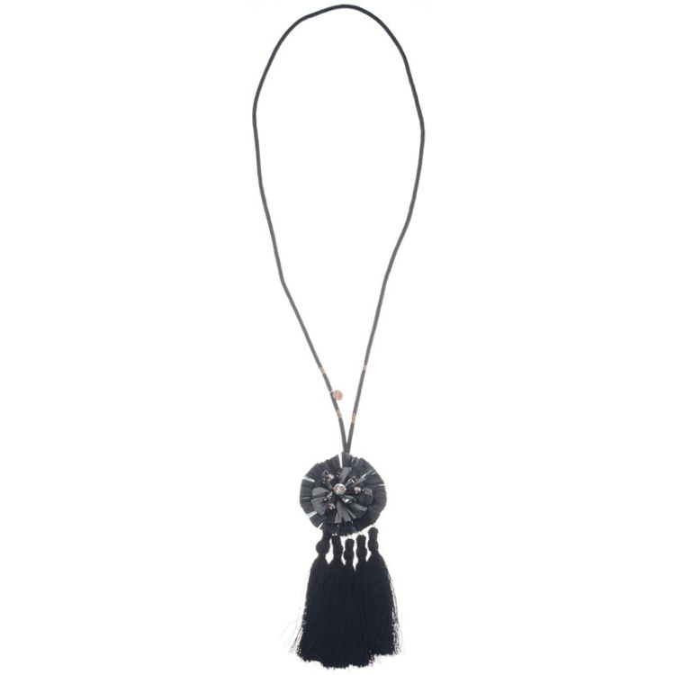 LONG NECKLACE PENDANT ROSETTE RAFFIA TRIPLE FRINGE