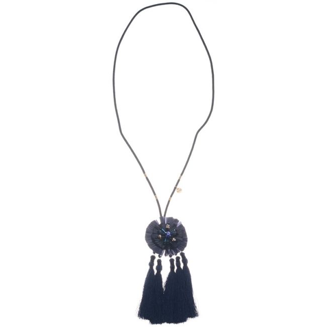 LONG NECKLACE PENDANT ROSETTE RAFFIA TRIPLE FRINGE