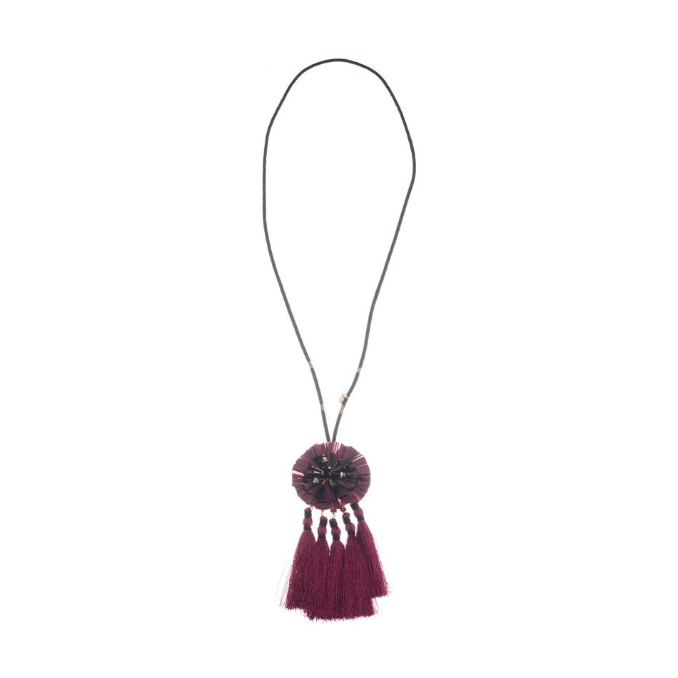 LONG NECKLACE PENDANT ROSETTE RAFFIA TRIPLE FRINGE