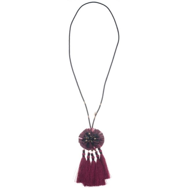 COLLAR LARGO COLGANTE ROSETÓN RAFIA TRIPLE FLECO