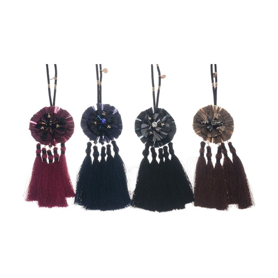 LONG NECKLACE PENDANT ROSETTE RAFFIA TRIPLE FRINGE