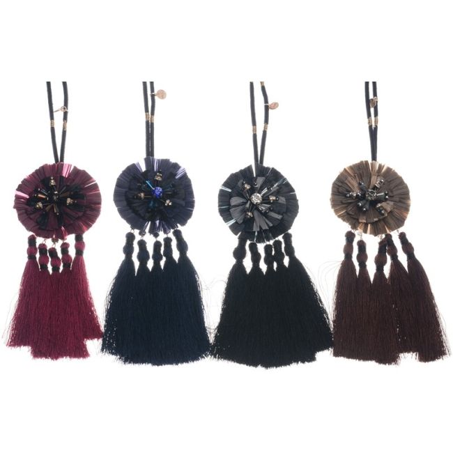 LONG NECKLACE PENDANT ROSETTE RAFFIA TRIPLE FRINGE