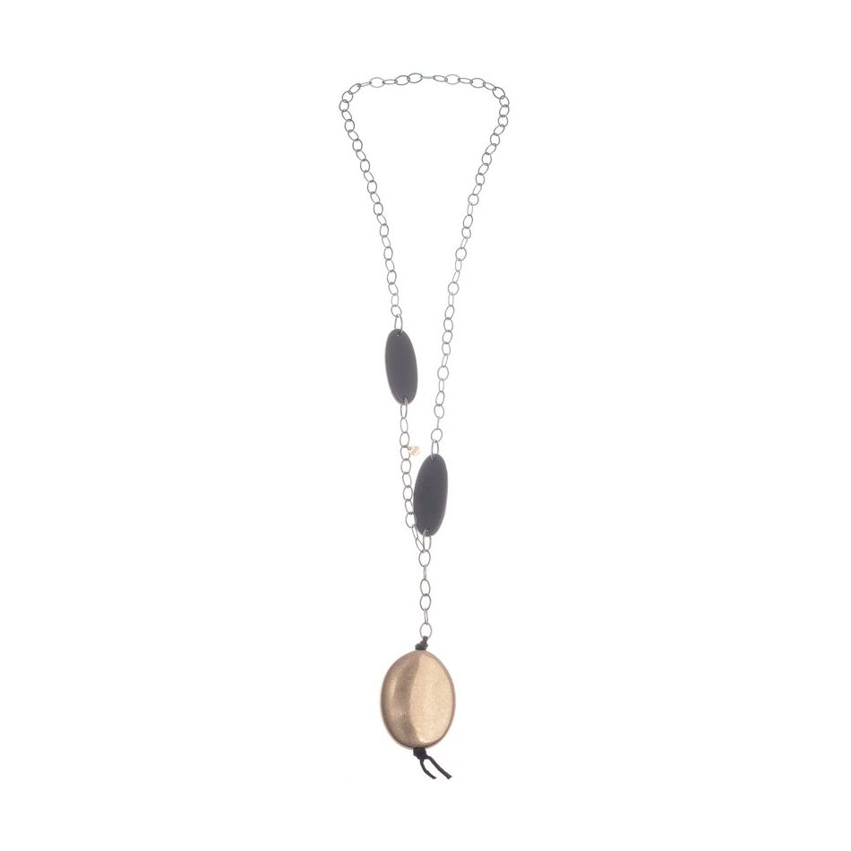 LONG DOUBLE WOOD NECKLACE IMITATION METAL PENDANT