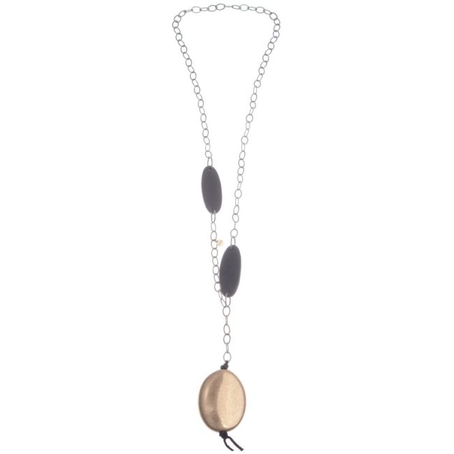LONG DOUBLE WOOD NECKLACE IMITATION METAL PENDANT