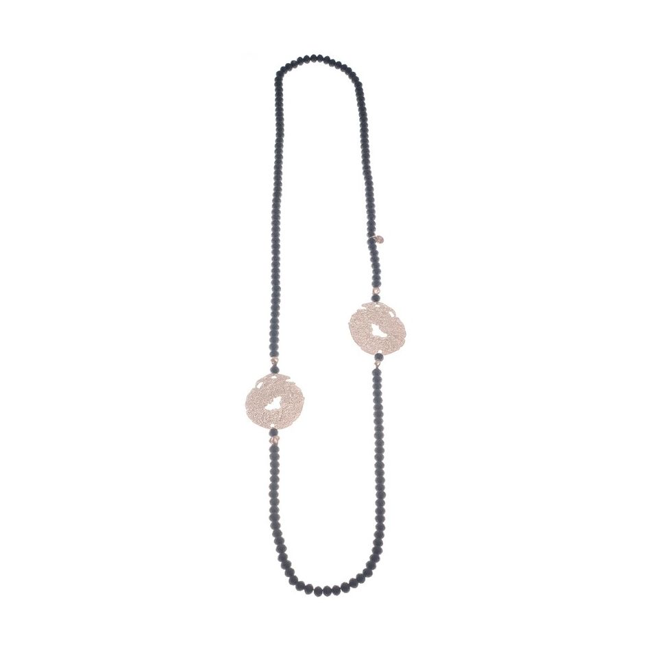 LONG CRYSTAL NECKLACE WITH CRUSHED MEDALS