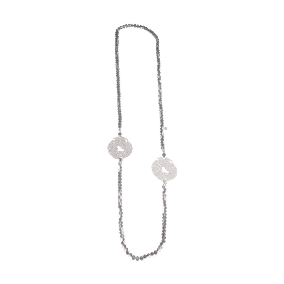 LONG CRYSTAL NECKLACE WITH CRUSHED MEDALS