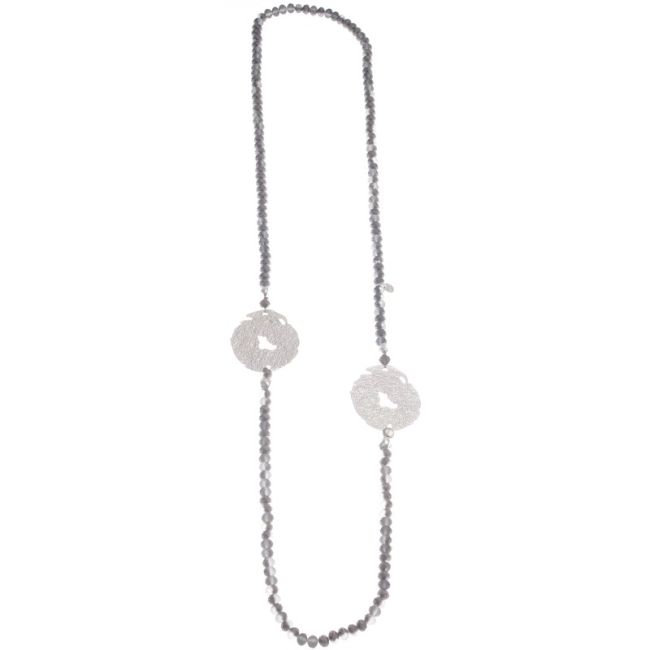 LONG CRYSTAL NECKLACE WITH CRUSHED MEDALS