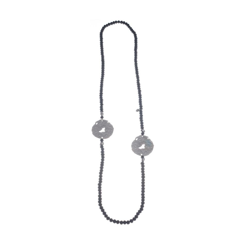 LONG CRYSTAL NECKLACE WITH CRUSHED MEDALS