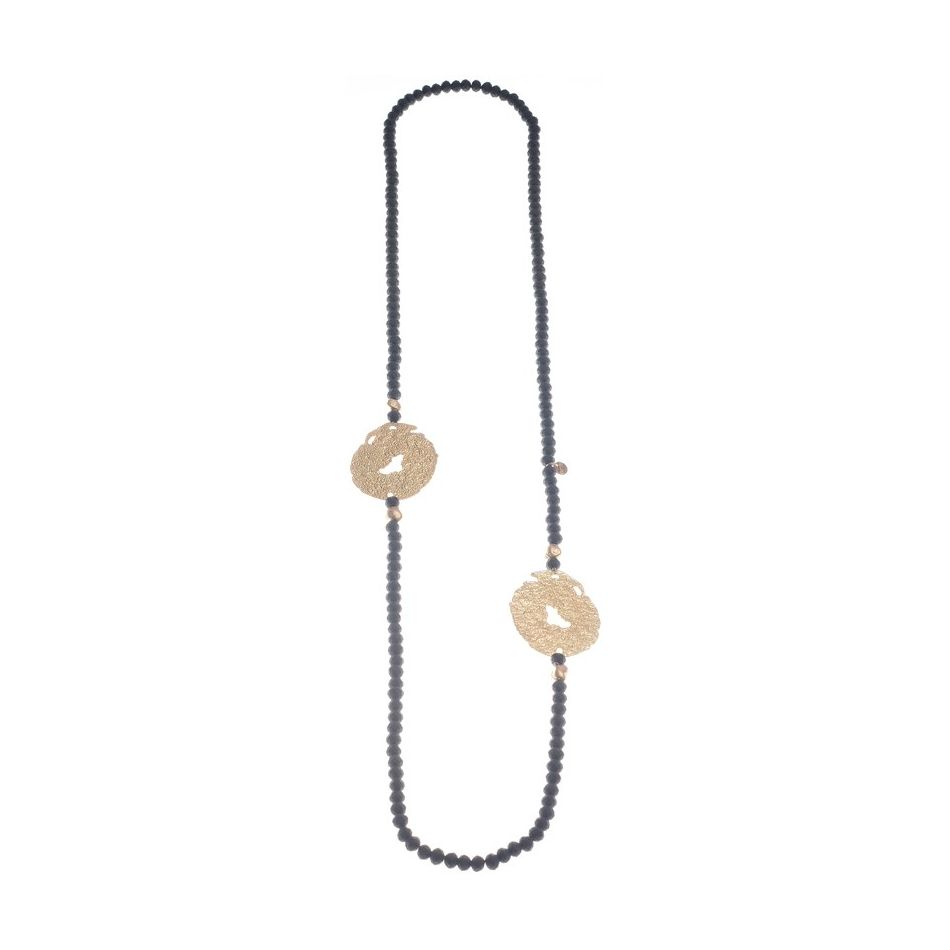 LONG CRYSTAL NECKLACE WITH CRUSHED MEDALS