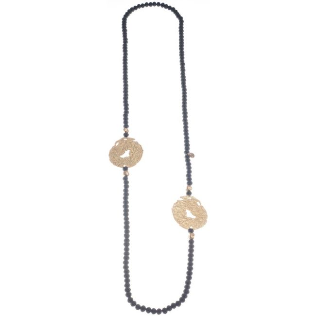 LONG CRYSTAL NECKLACE WITH CRUSHED MEDALS