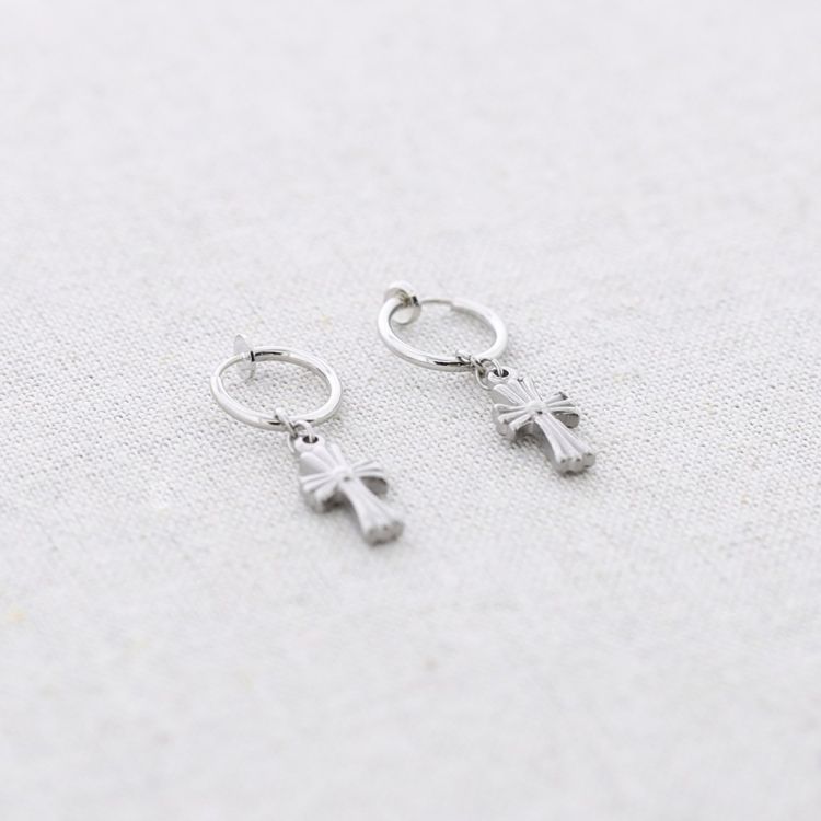 STEEL EARCUFF EARRINGS CROSS PENDANT