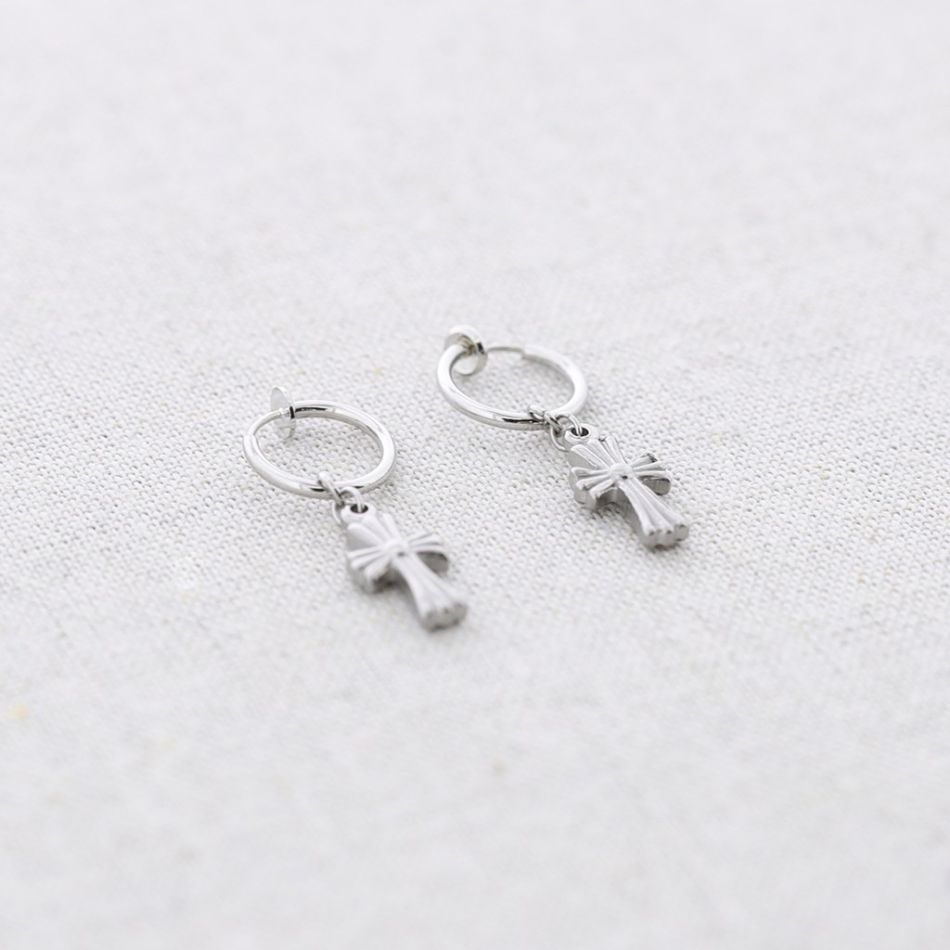 STEEL EARCUFF EARRINGS CROSS PENDANT