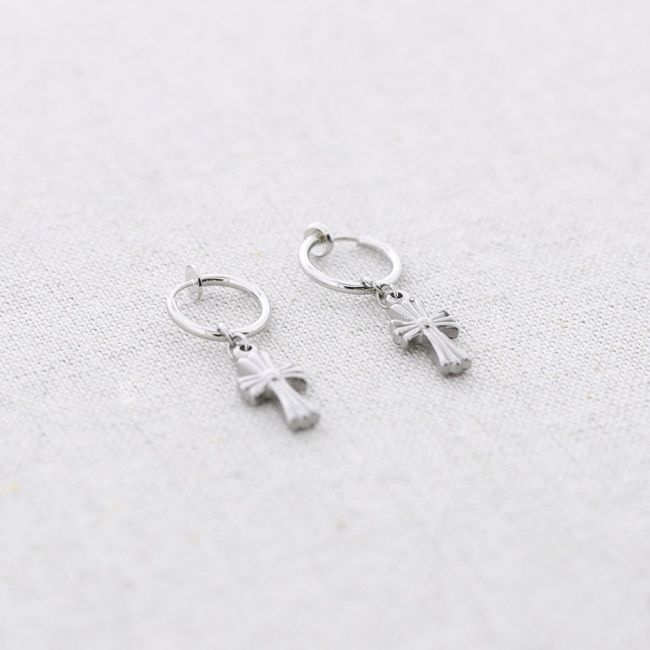 STEEL EARCUFF EARRINGS CROSS PENDANT