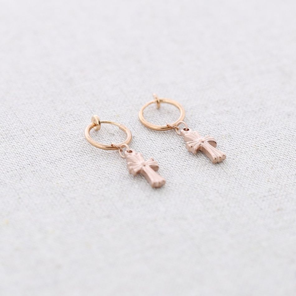 STEEL EARCUFF EARRINGS CROSS PENDANT