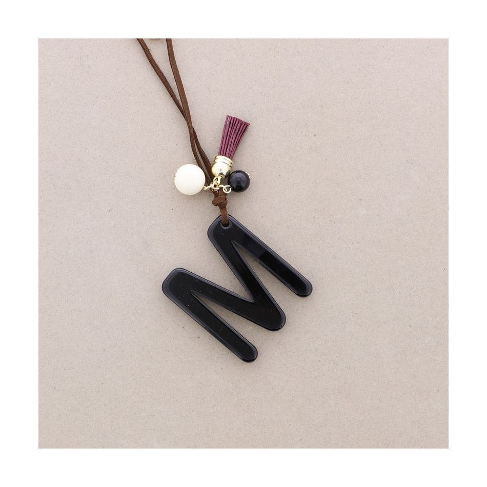 LONG NECKLACE PENDANT INITIAL LETTER M RESIN