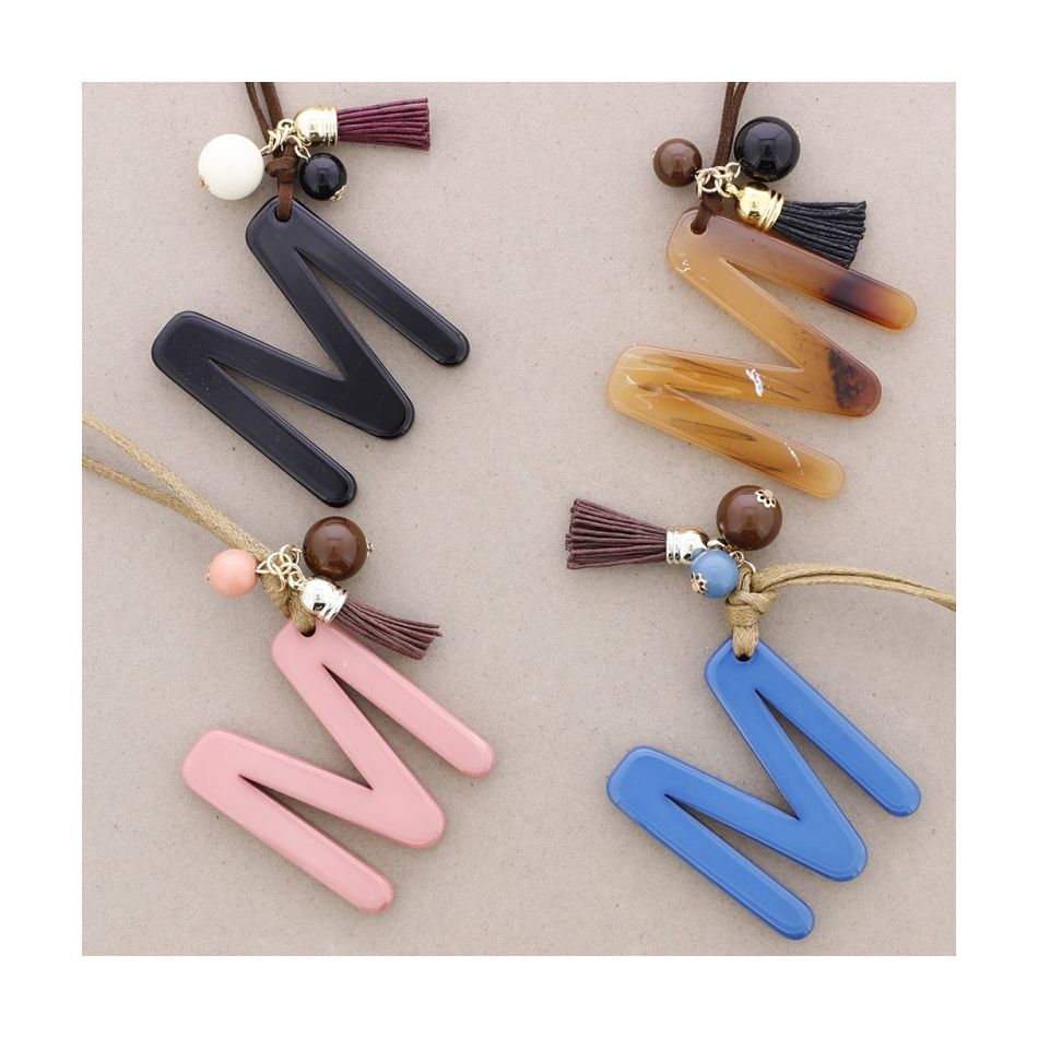 LONG NECKLACE PENDANT INITIAL LETTER M RESIN